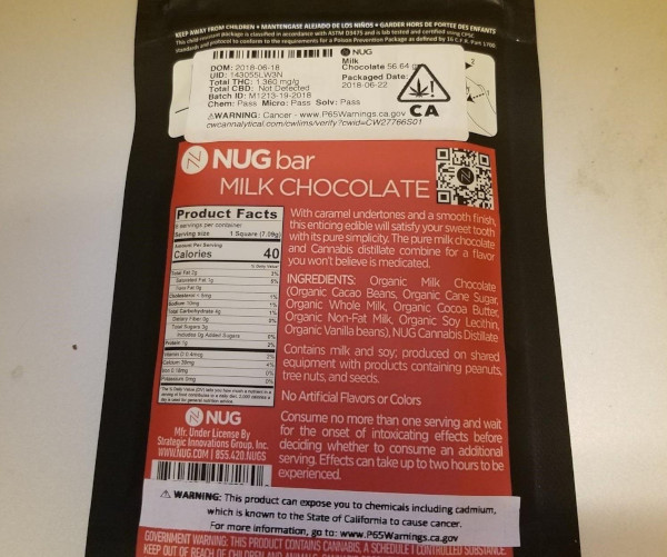 NUG cannabis infused milk chocolate bar