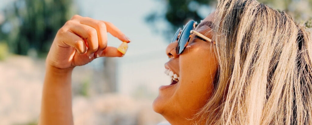 woman with glaucoma eating an edible