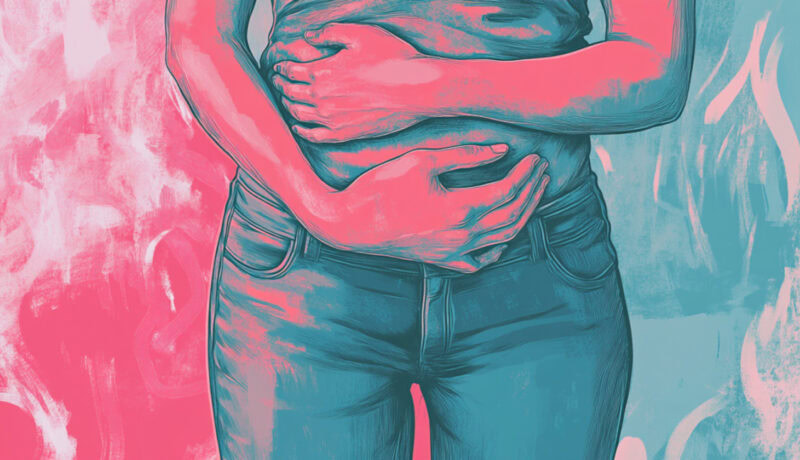 person holding upset stomach and wondering if cannabis can help with IBS symptoms