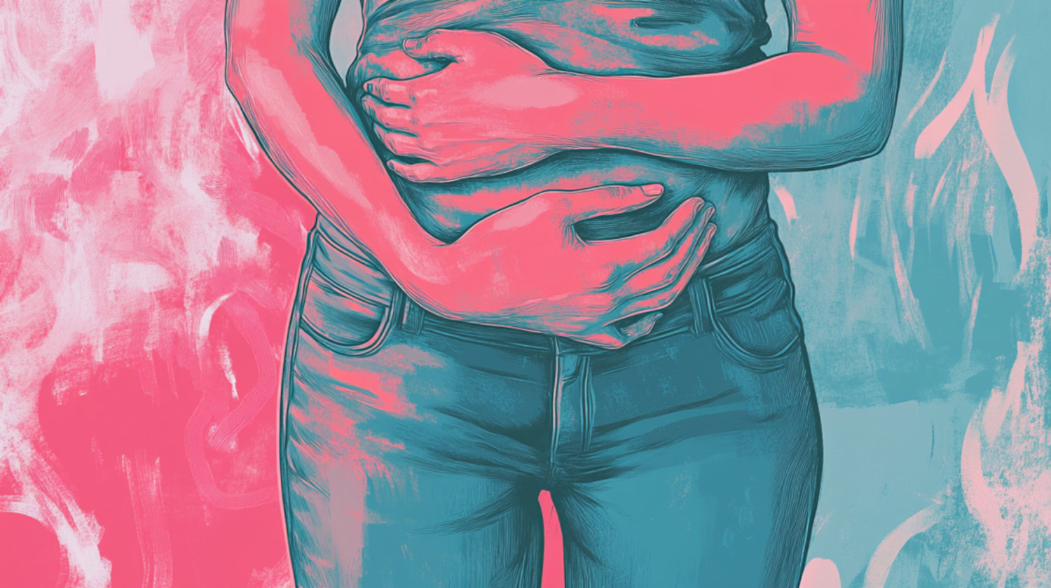 person holding upset stomach and wondering if cannabis can help with IBS symptoms