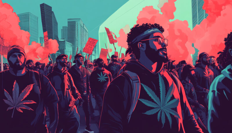 Crowd of people fighting for cannabis patient rights