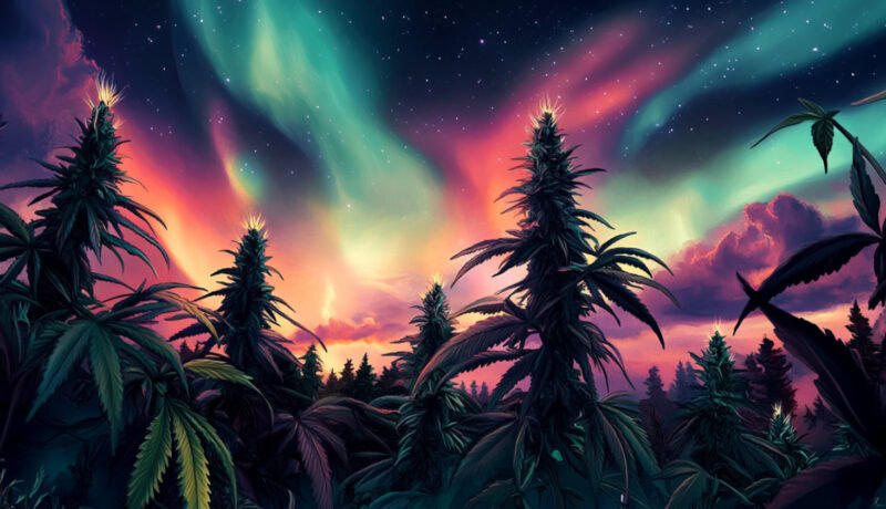 Cannabis plants in front of the aurora borealis, meant to represent that northern lights cannabis strain