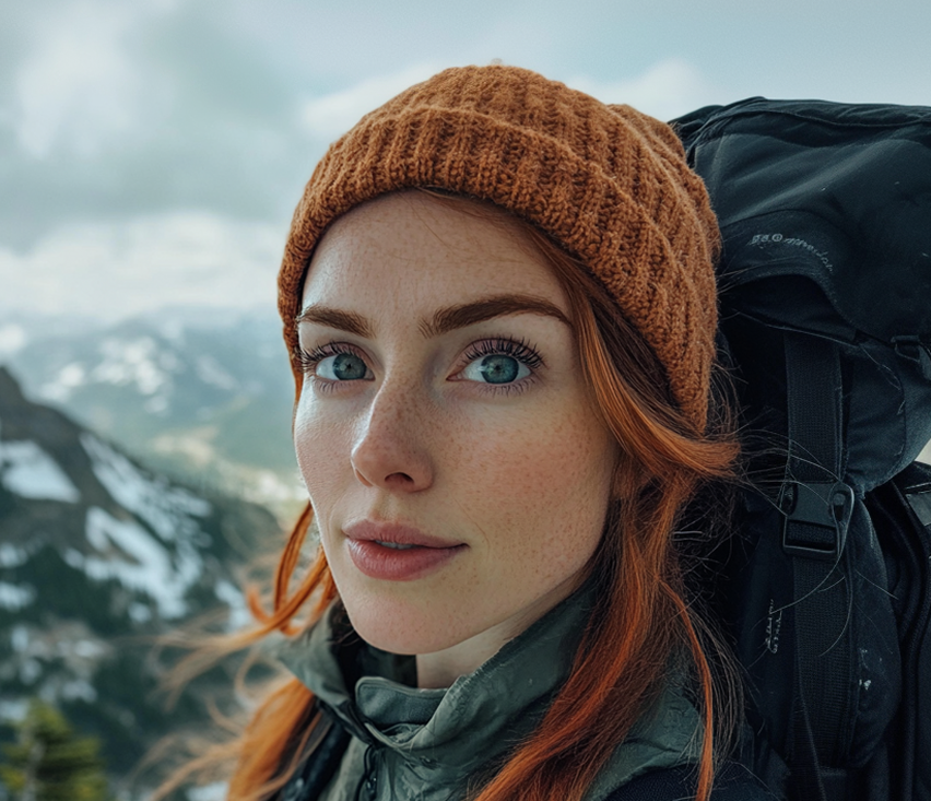 Young woman on a mountain hike with a backpack, using medical cannabis to manage anxiety and embrace the outdoors with confidence.