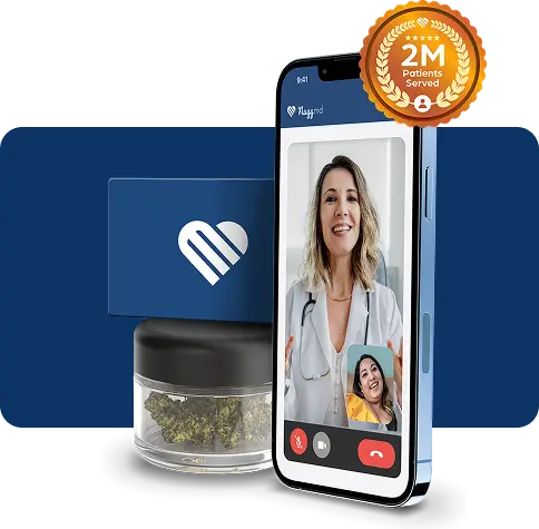 NuggMD medical card and container of cannabis next to phone showing a patient connecting with a marijuana doctor online