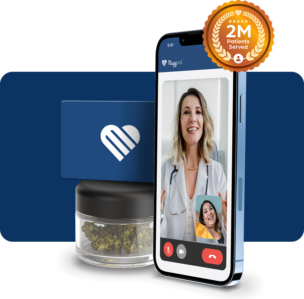NuggMD medical card and container of cannabis next to phone showing a patient connecting with a marijuana doctor online